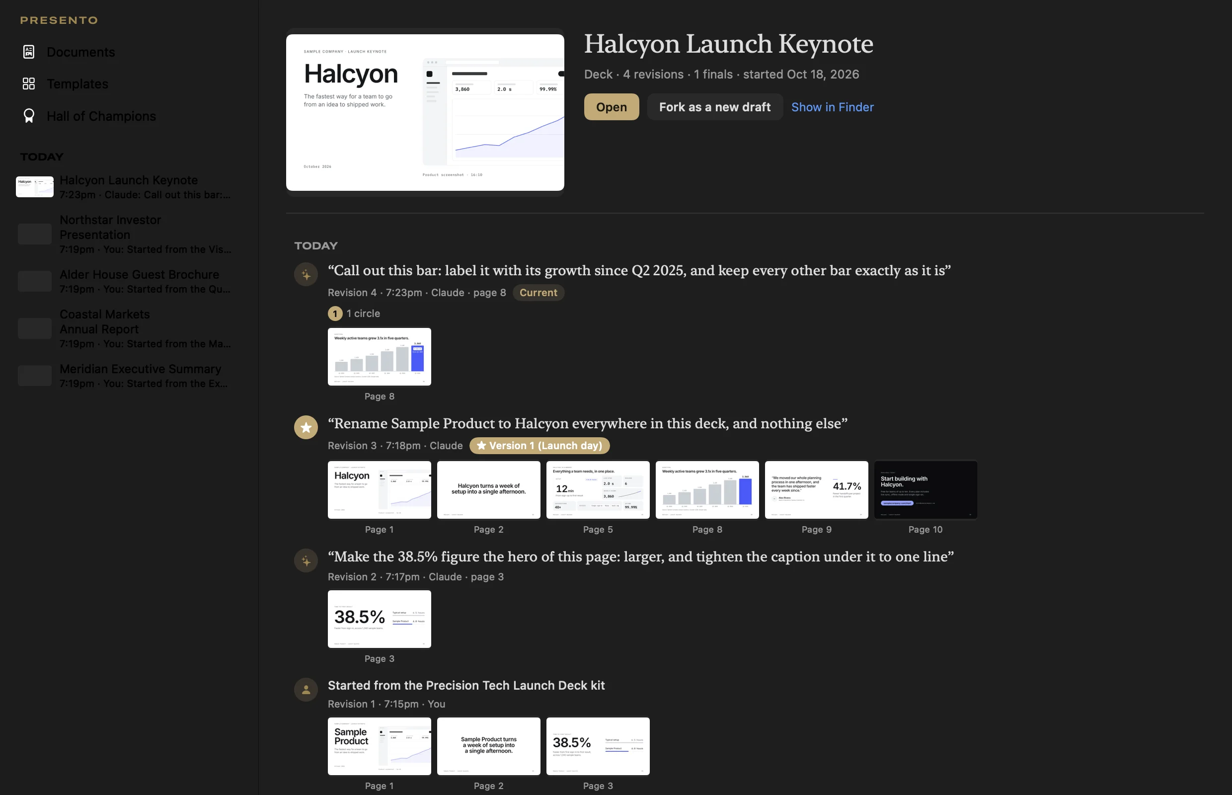 The Library open on the Halcyon Launch Keynote: four revisions listed newest first, each with the request in quotes, the time, who made it, a final starred as Version 1 (Launch day), and thumbnails of every page each revision changed.