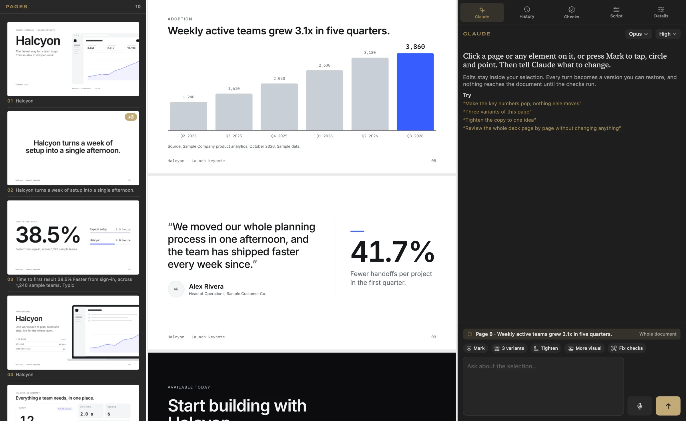 The Presento project window: the page strip on the left, page 8 of the Halcyon launch keynote in the middle with a bar chart of weekly active teams, and the Claude panel on the right with suggested requests and a scope chip reading Page 8.