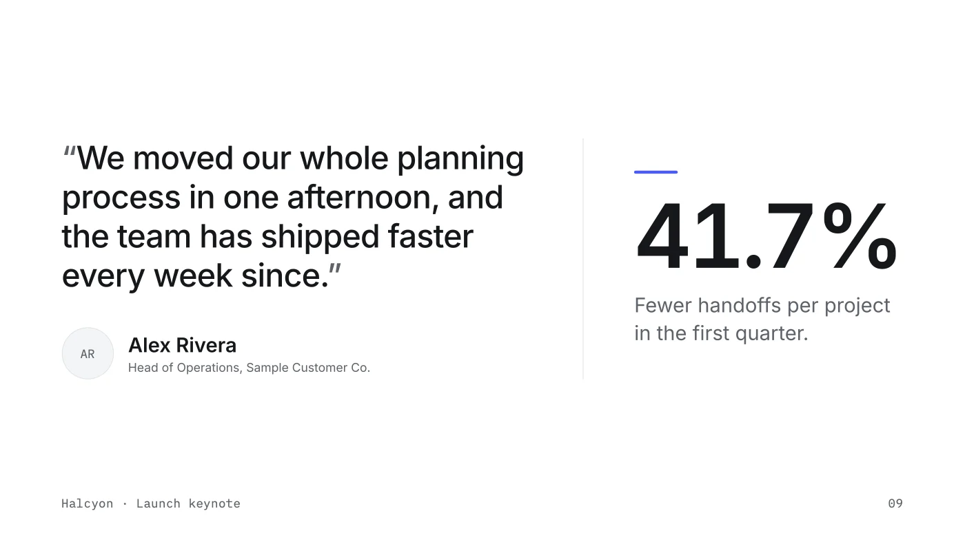 Variant A: the proof slide as it stands, a customer quote on the left and 41.7% fewer handoffs on the right.