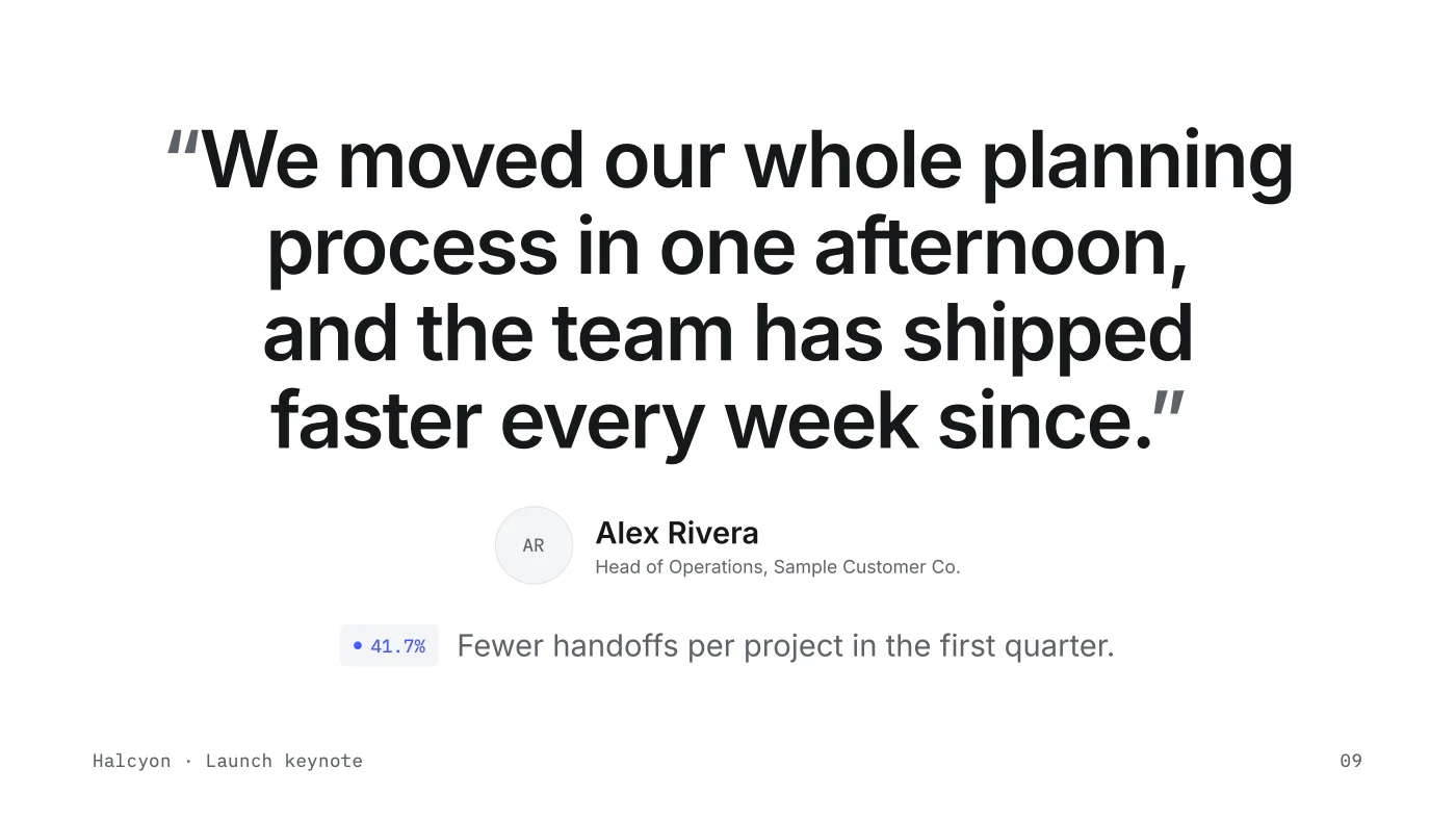 Variant C: the quote centered at headline size with the figure as a small chip beneath it.